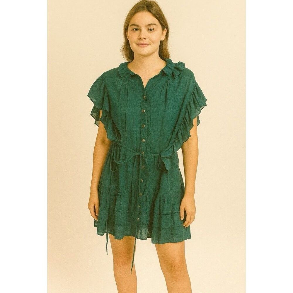 NEW Anthropologie Green Ruffle Sleeve Button Down Dress Boho Dainty Cottage Chic